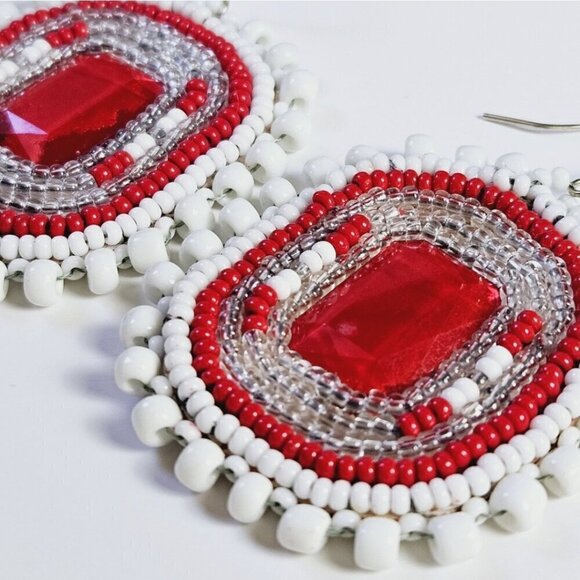 2/$27 | White + Red Beaded Bohemian Indigenous Native Hoop Earrings | Handmade - Picture 7 of 9